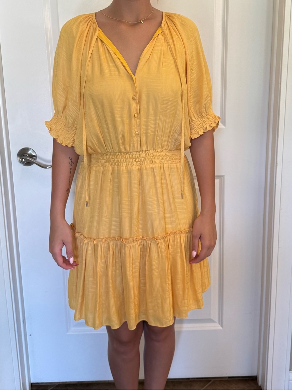 Skies Are Blue Yellow Tiered Smocked-Waist Mini Dress